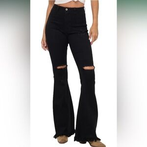 JC & JQ High Waist Distressed Bell Bottom Jeans with Frayed Hem